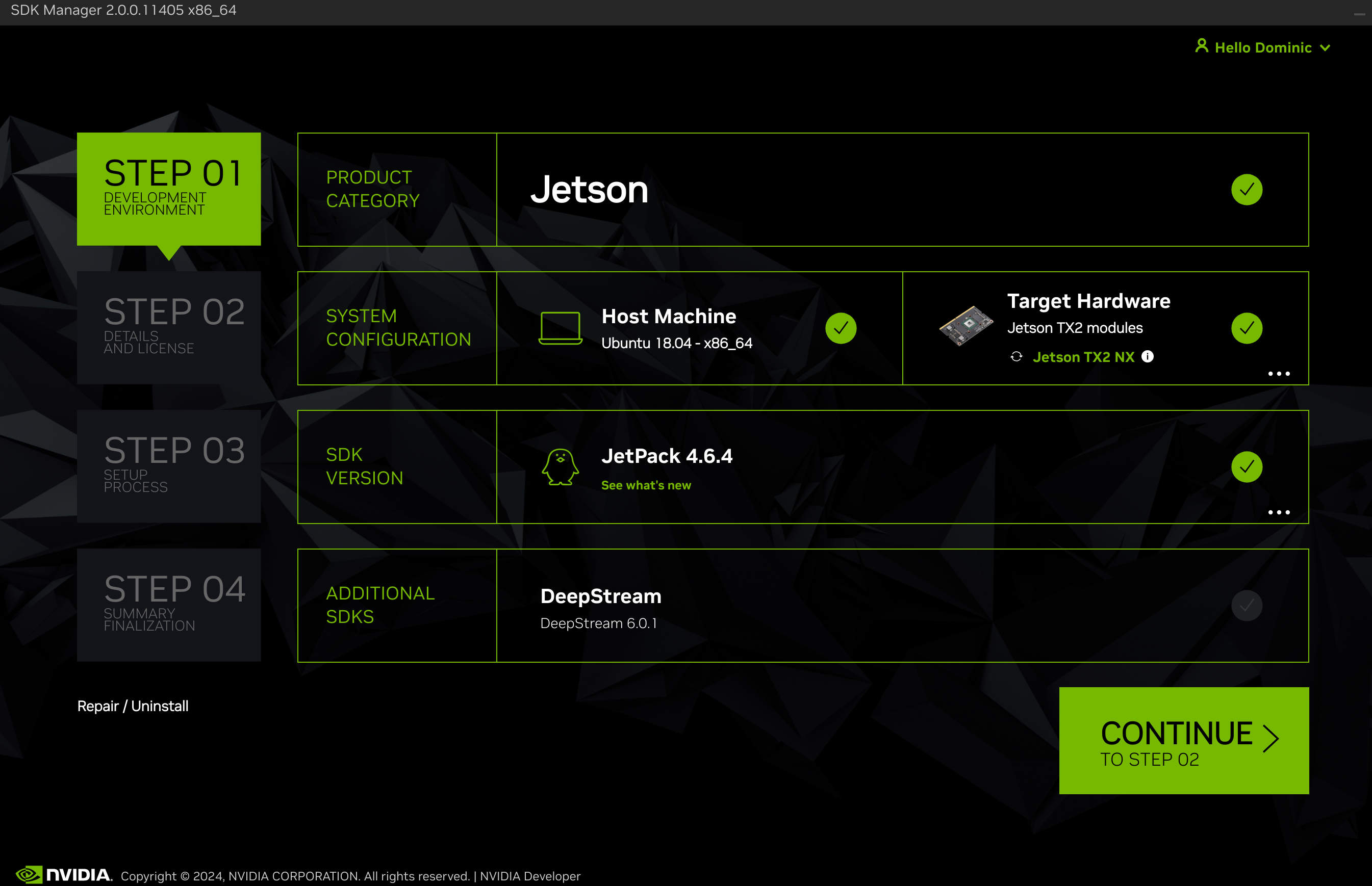 NVIDIA SDK Manager showing Target Device and latest compatible JetPack version