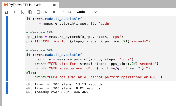  PyTorch CPU/GPU comparison test in Jupyter Notebook