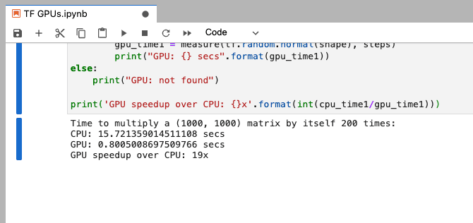  TensorFlow CPU/GPU comparison test in Jupyter Notebook