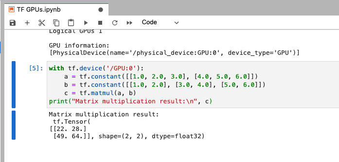  TensorFlow simple GPU test in Jupyter Notebook