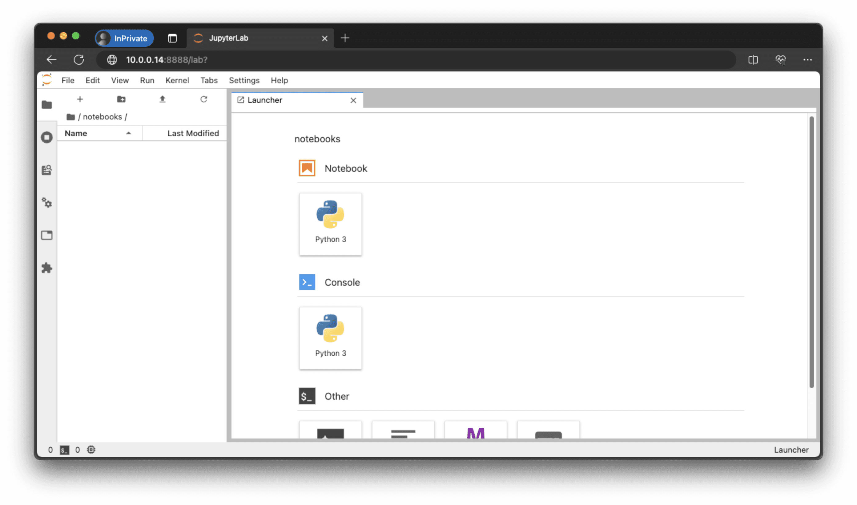 JupyterLab Launcher screen