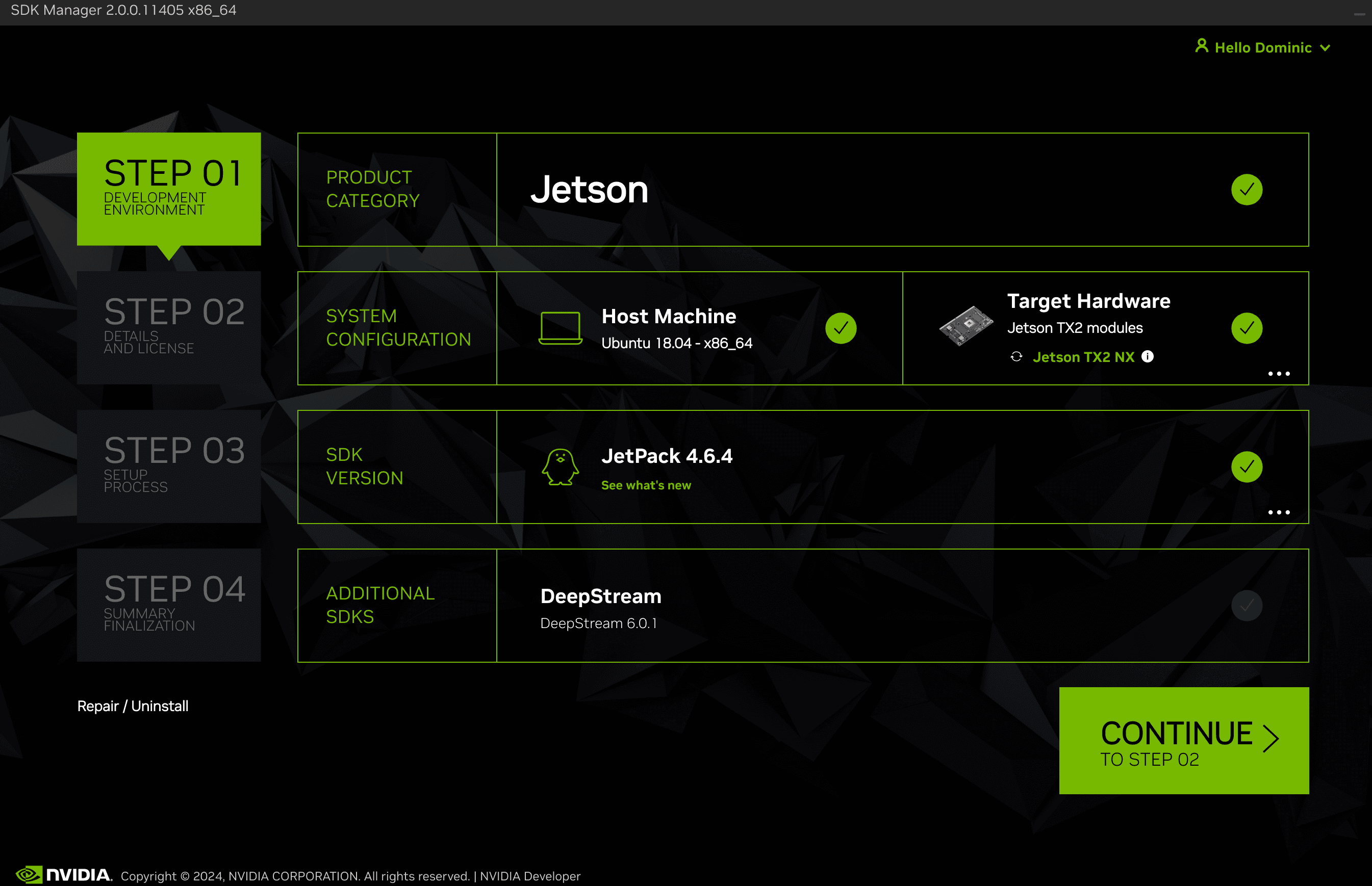 NVIDIA SDK Manager showing Target Device and latest compatible JetPack version