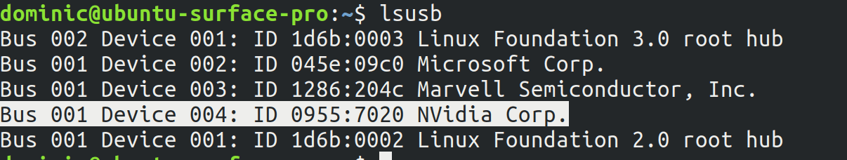 lsusb on the host machine showing NVidia Corp. device